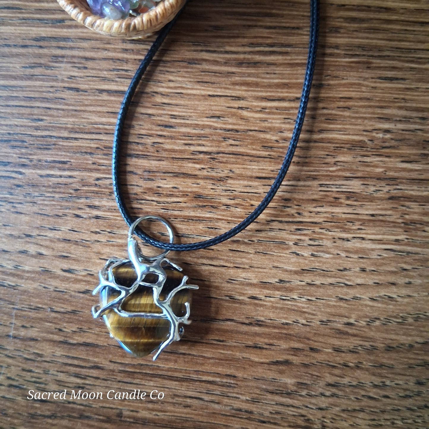 Tigers Eye Tree Branch Wrapped Heart Stone Pendant Necklace