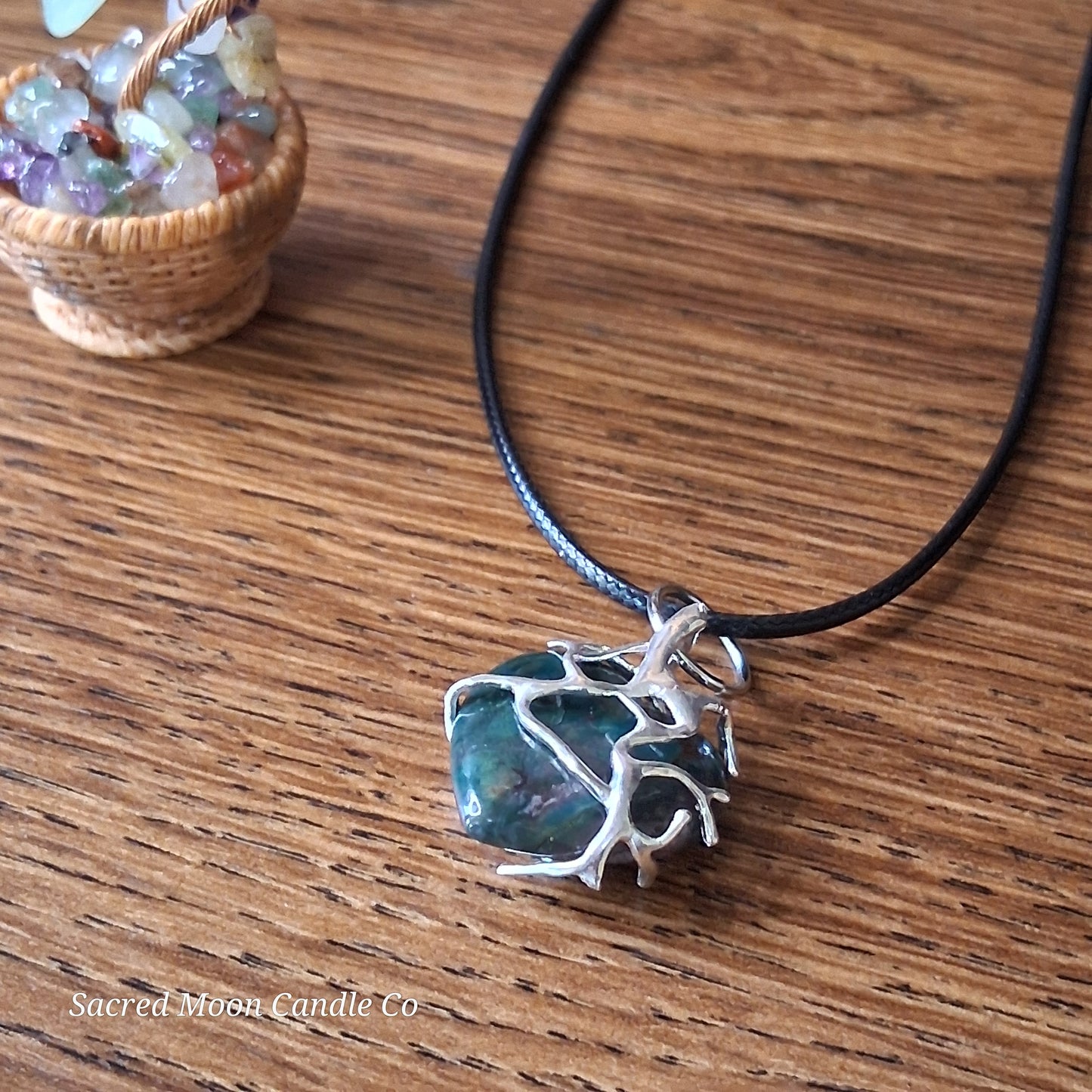 Moss Agate Heart Stone Tree Wrapped Pendant Necklace