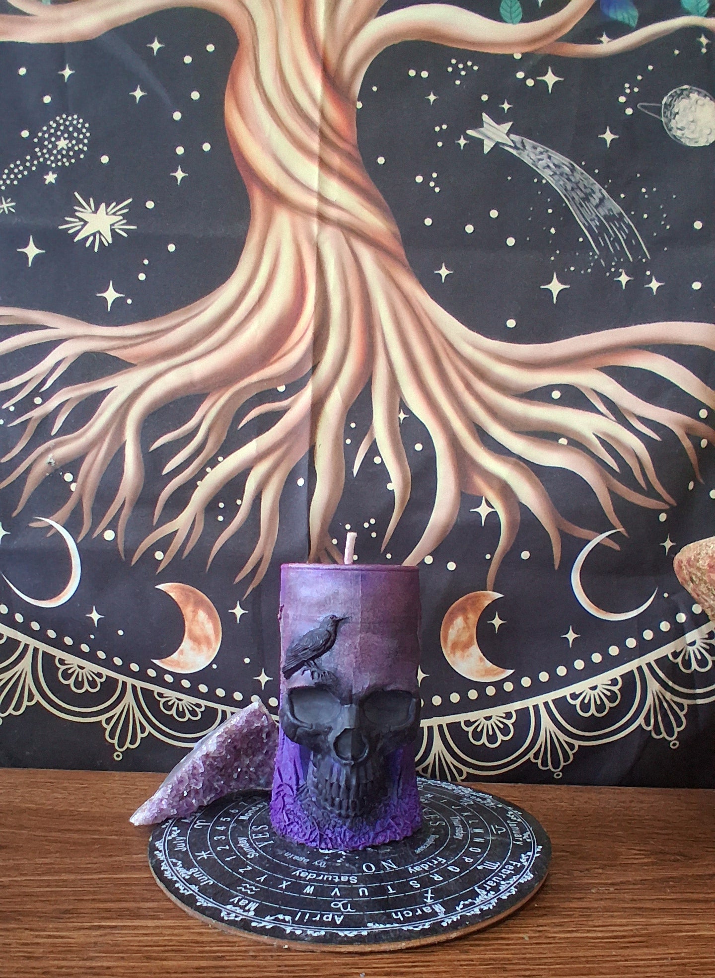 Pink, Purple, and Black Nightshade Elixir Skull and Raven Pillar Candle