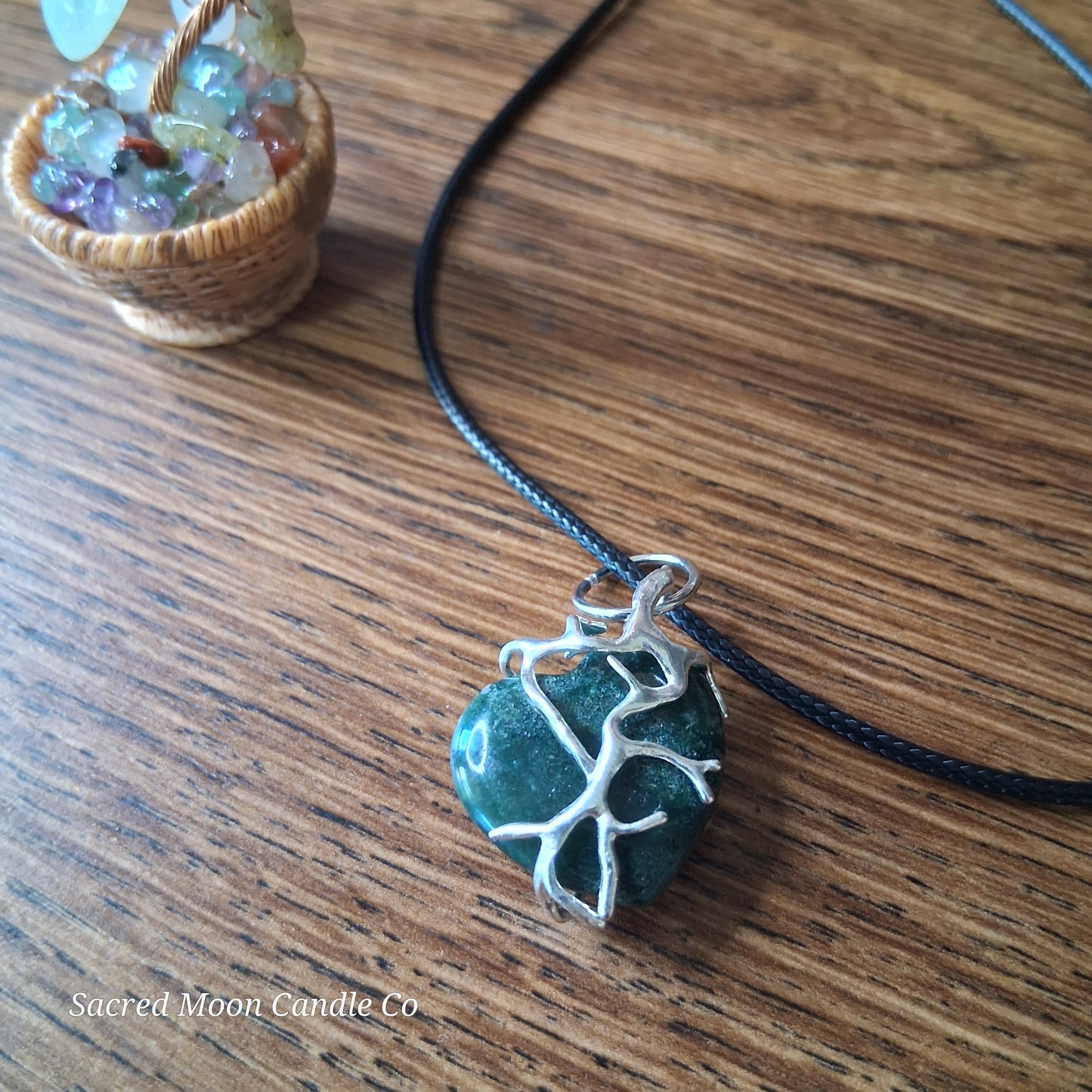 Moss Agate Heart Stone Tree Wrapped Pendant Necklace