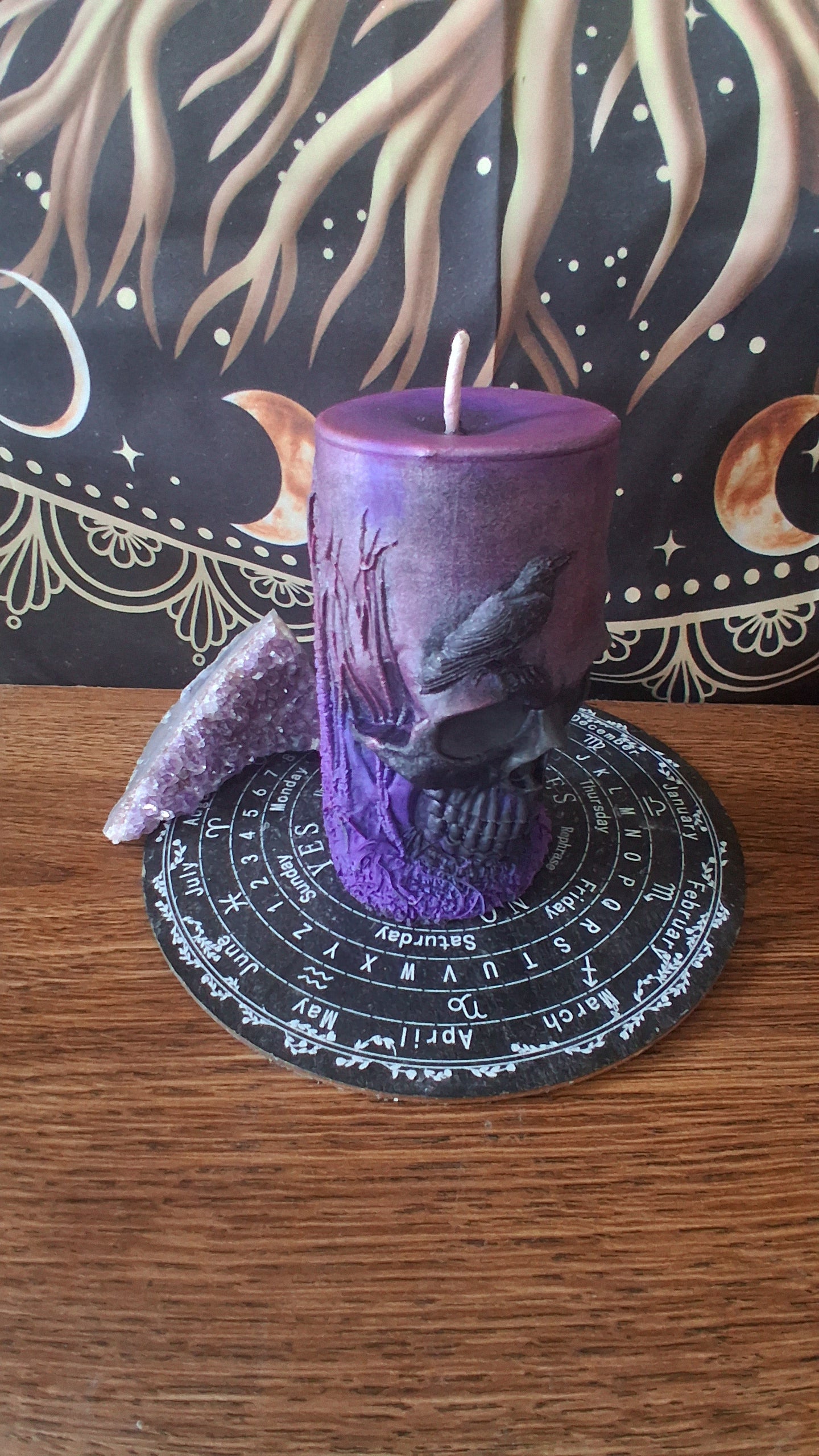 Pink, Purple, and Black Nightshade Elixir Skull and Raven Pillar Candle
