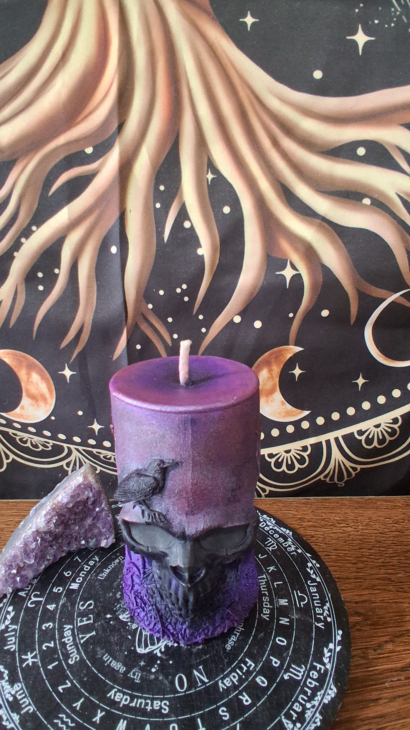 Pink, Purple, and Black Nightshade Elixir Skull and Raven Pillar Candle