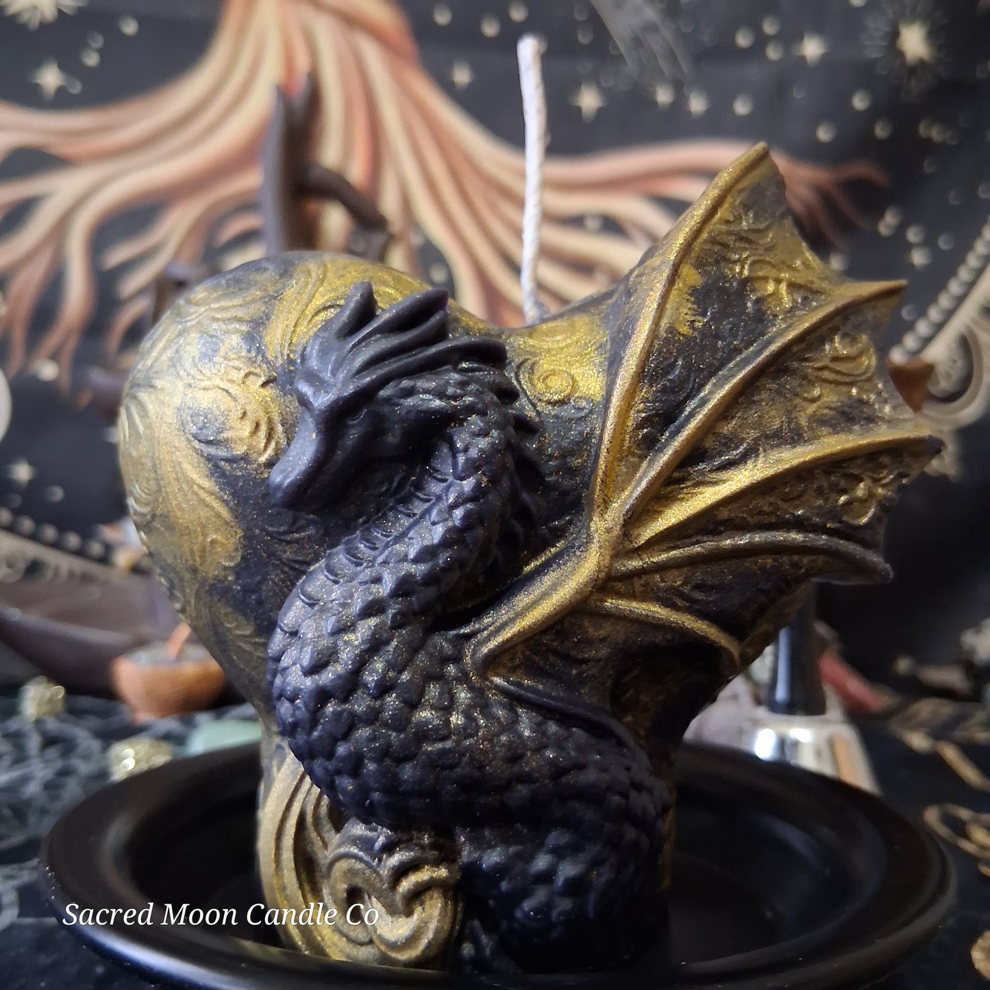 Black and Gold Mystical Dragon Heart Pillar Candle