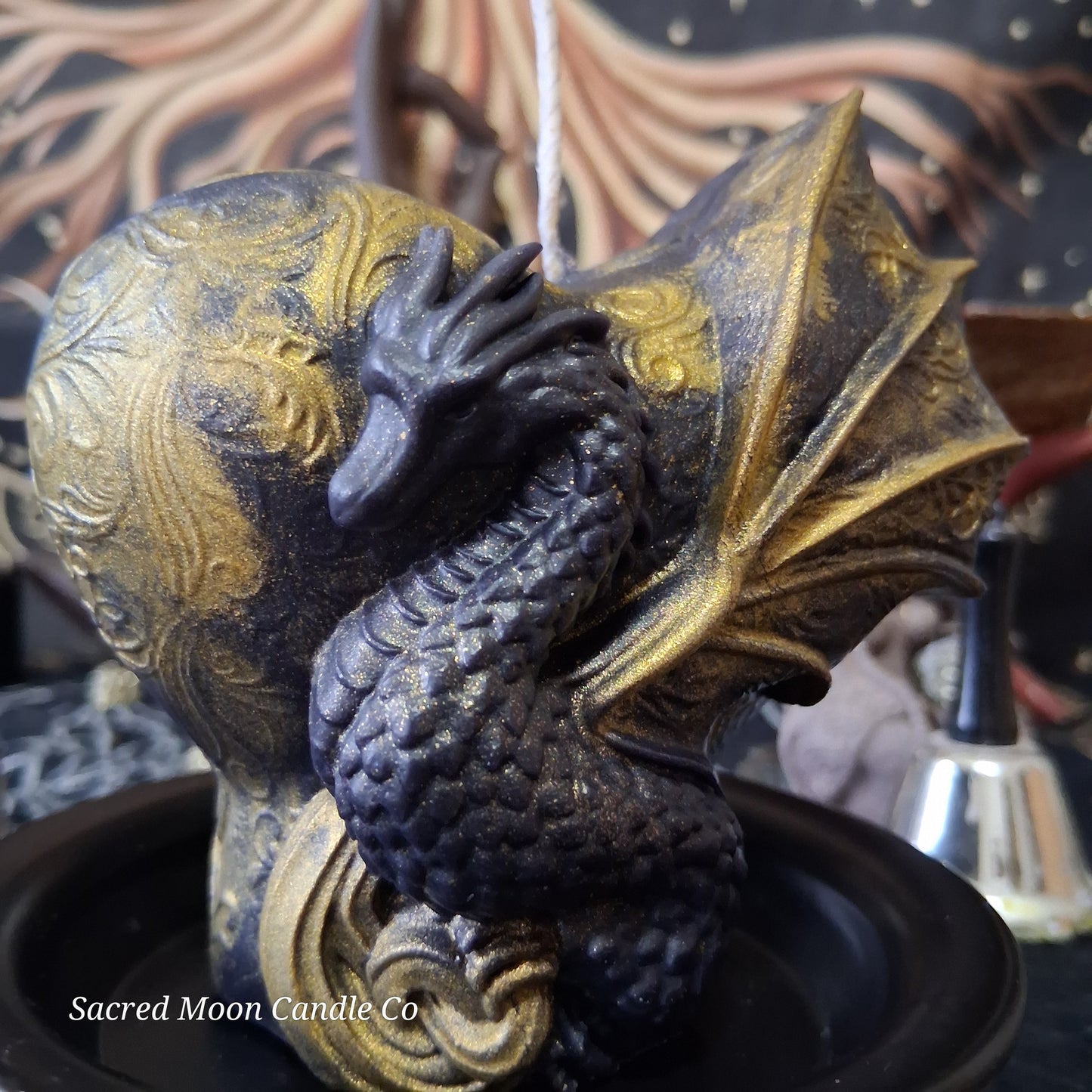 Black and Gold Mystical Dragon Heart Pillar Candle