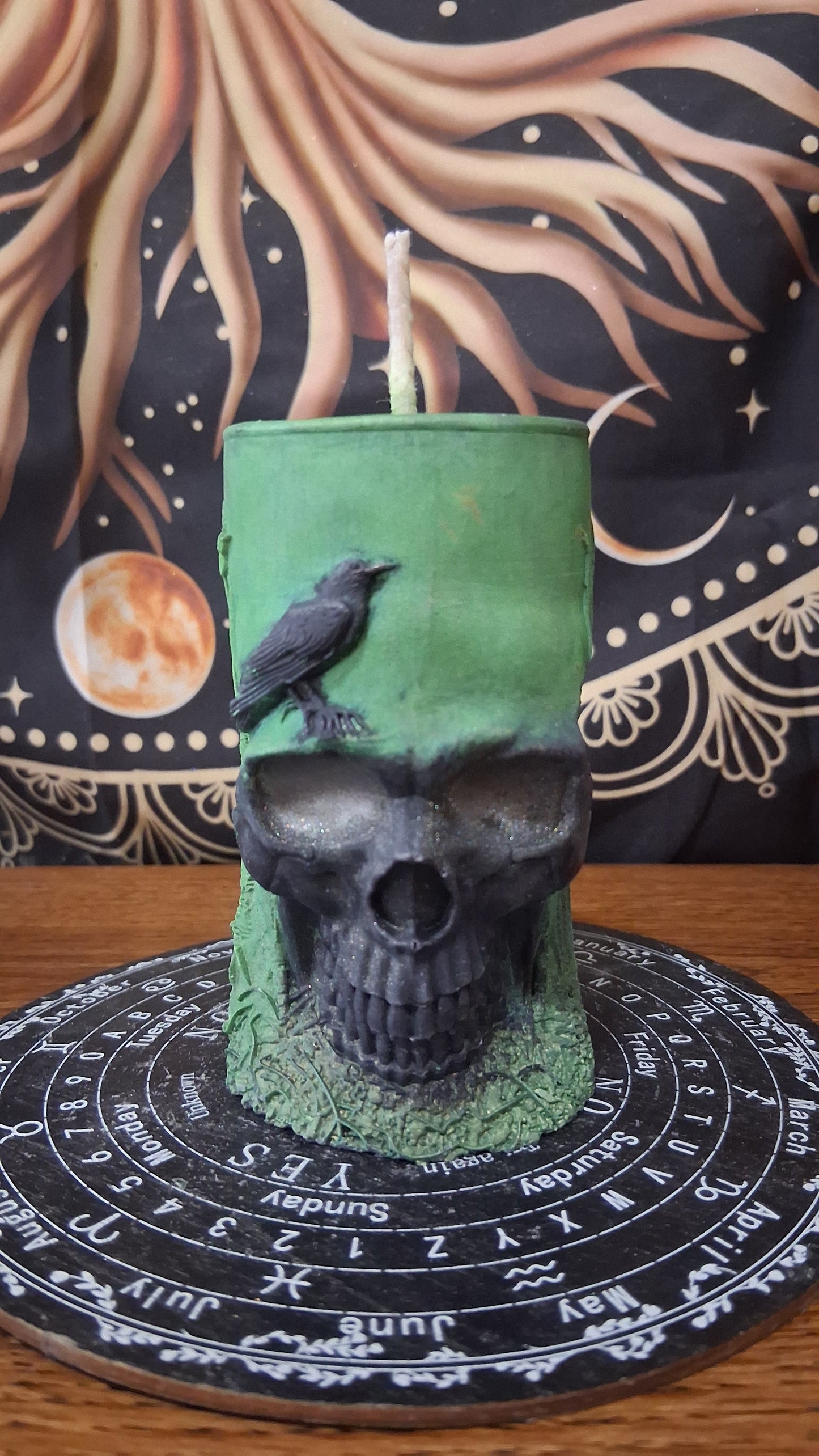 Green and Black Nightshade Elixir Skull and Raven Pillar Candle
