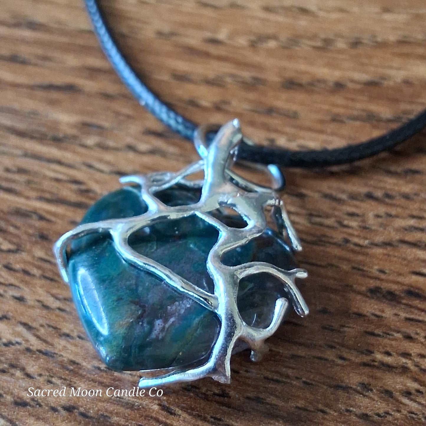 Moss Agate Heart Stone Tree Wrapped Pendant Necklace