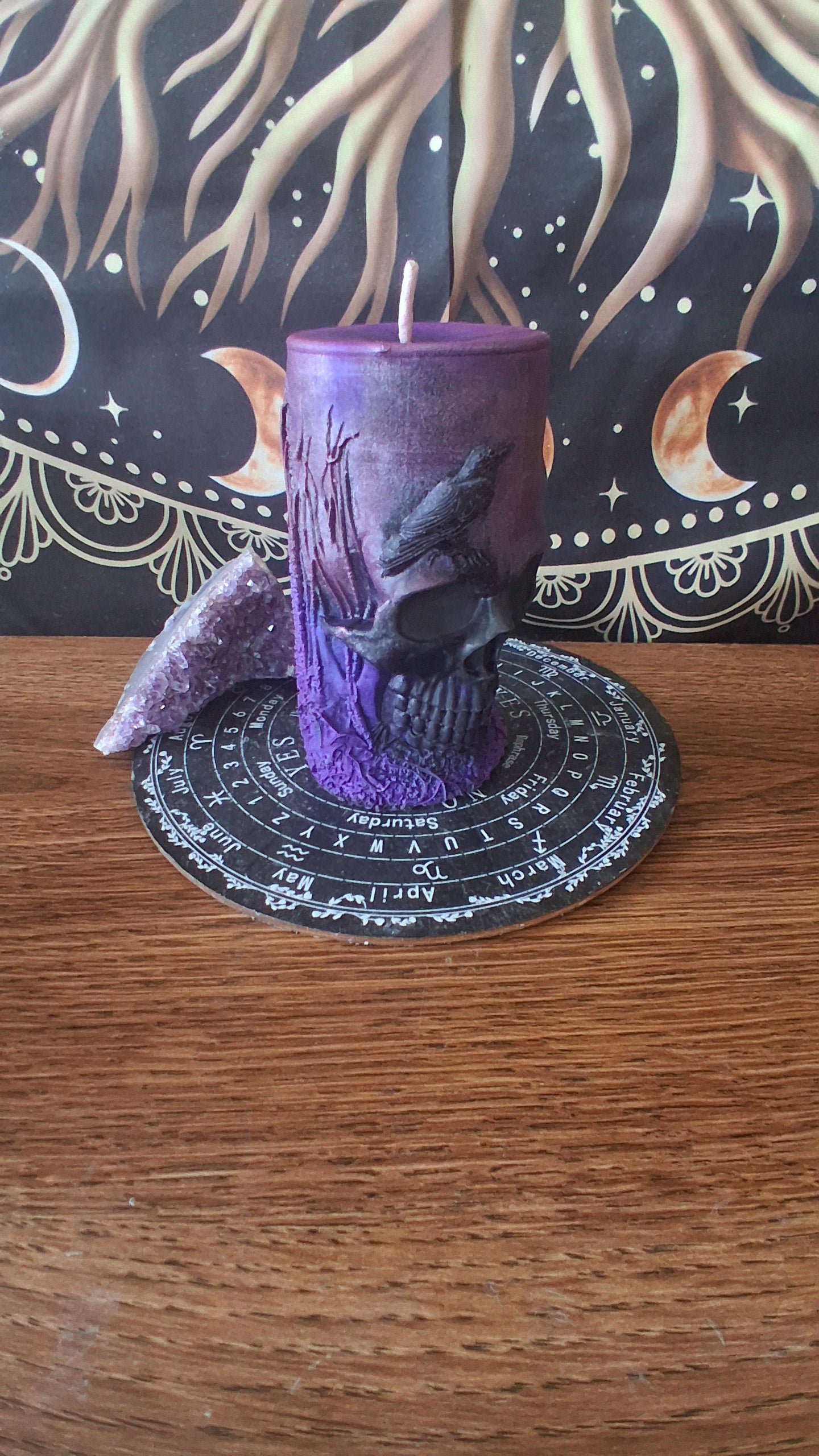 Pink, Purple, and Black Nightshade Elixir Skull and Raven Pillar Candle