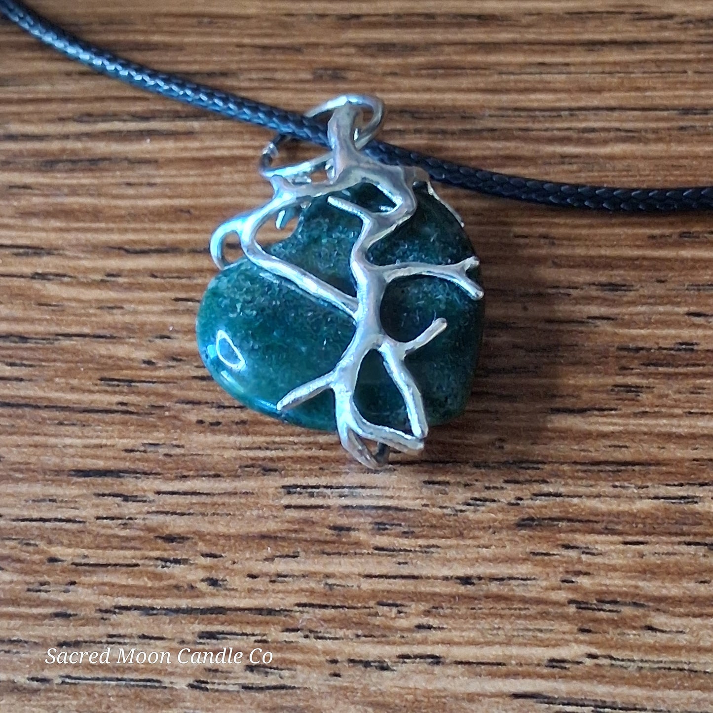Moss Agate Heart Stone Tree Wrapped Pendant Necklace