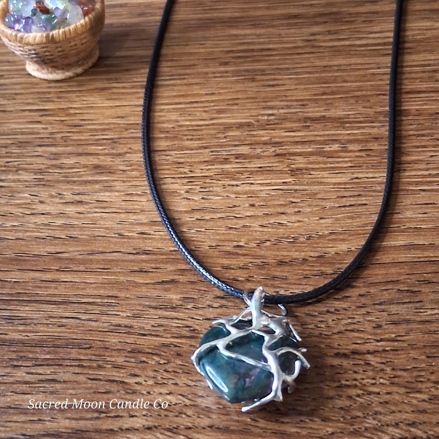 Moss Agate Heart Stone Tree Wrapped Pendant Necklace