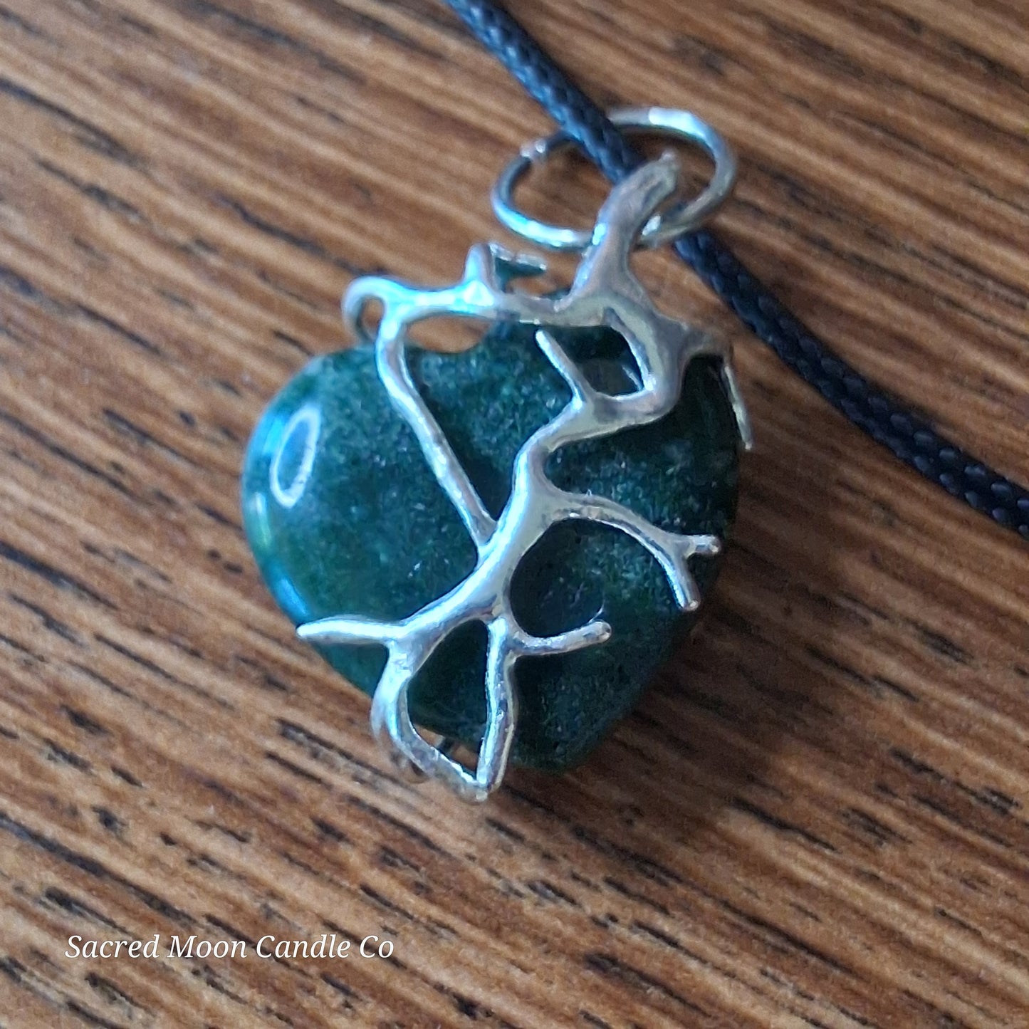 Moss Agate Heart Stone Tree Wrapped Pendant Necklace