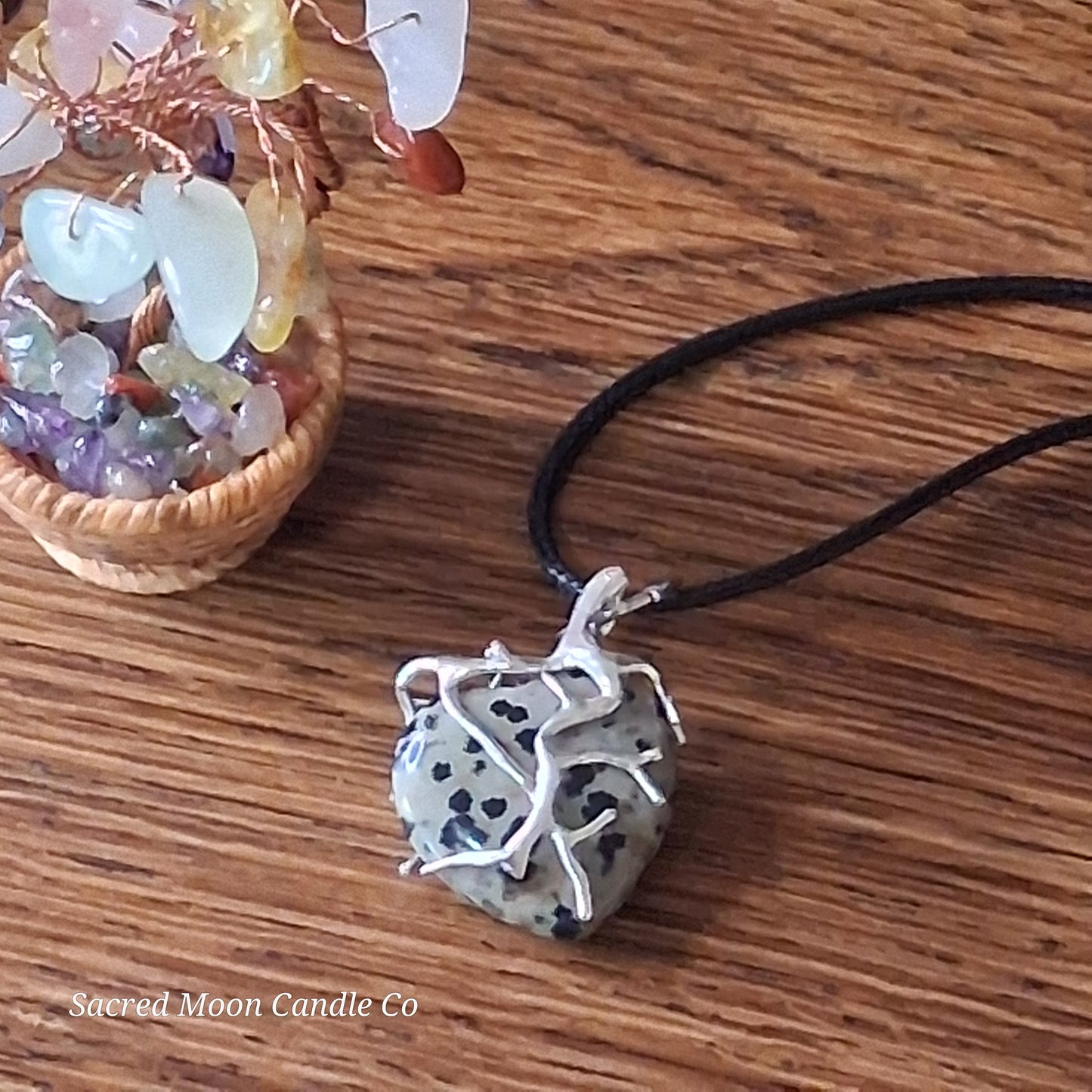 Dalmatian Jasper Tree Branch Wrapped Heart Stone Pendant Necklace