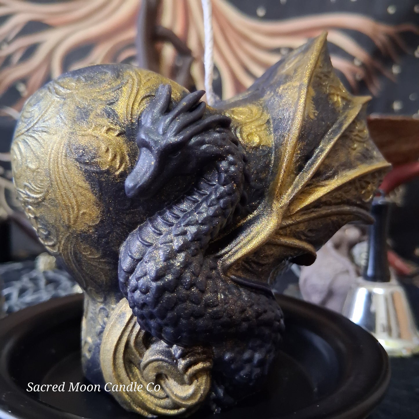 Black and Gold Mystical Dragon Heart Pillar Candle
