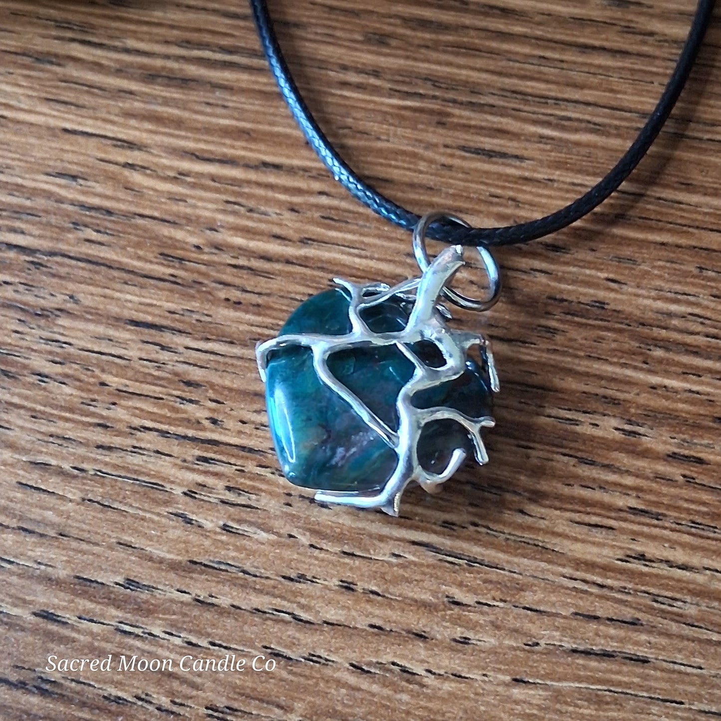 Moss Agate Heart Stone Tree Wrapped Pendant Necklace