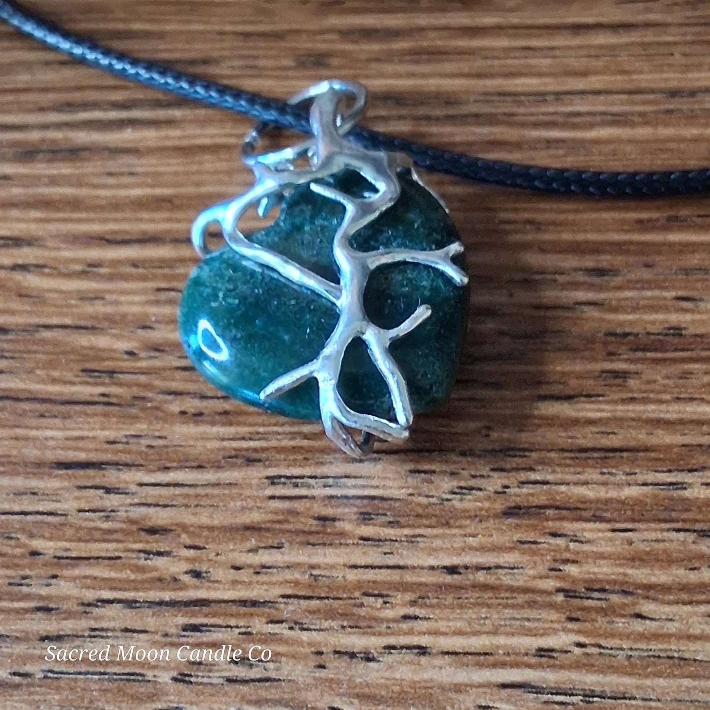 Moss Agate Heart Stone Tree Wrapped Pendant Necklace