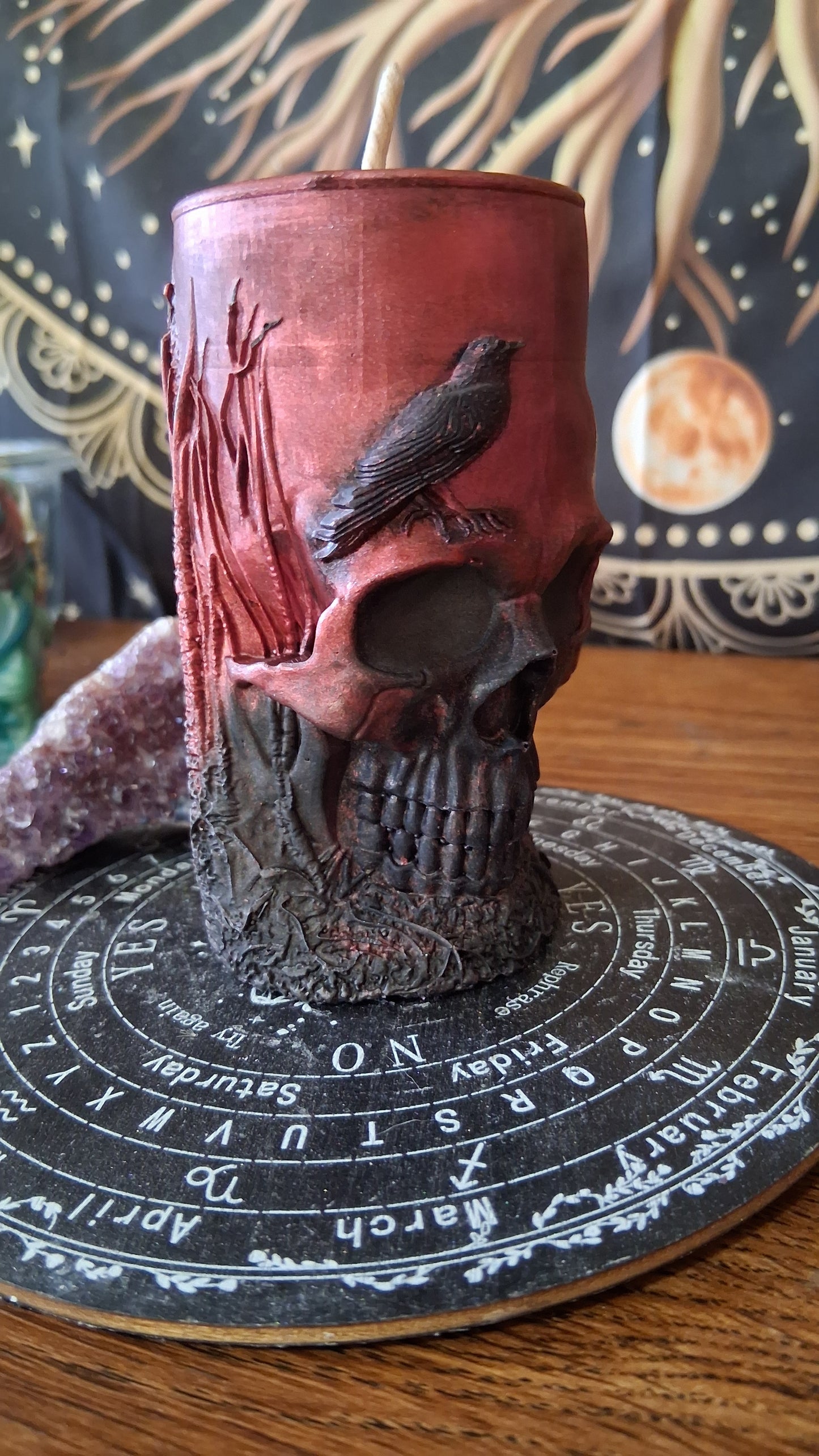 Red and Black Nightshade Elixir Skull and Raven Pillar Candle