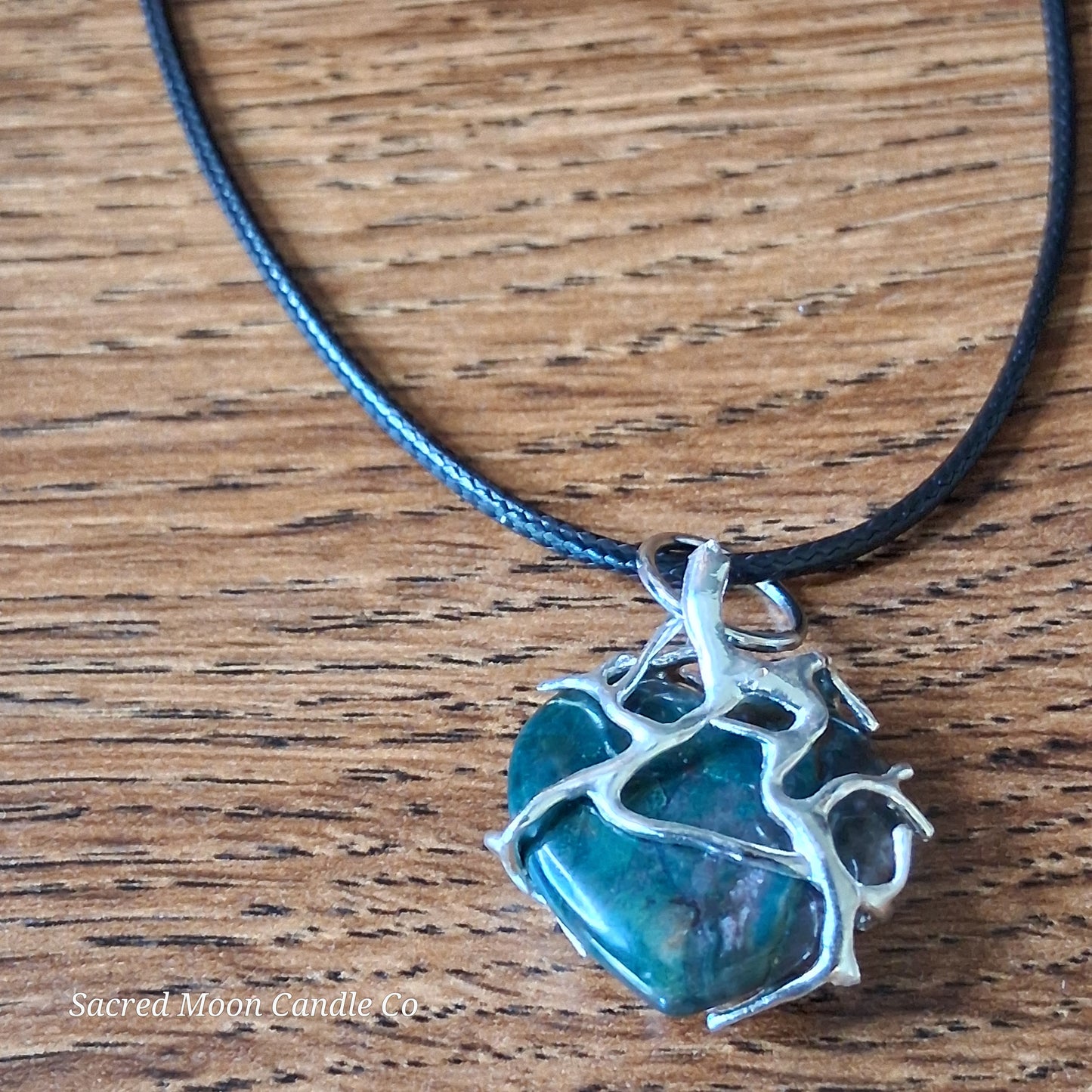 Moss Agate Heart Stone Tree Wrapped Pendant Necklace