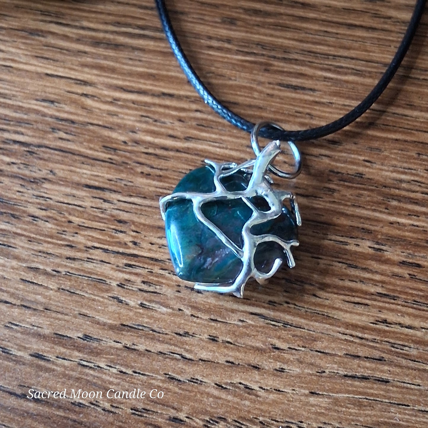 Moss Agate Heart Stone Tree Wrapped Pendant Necklace