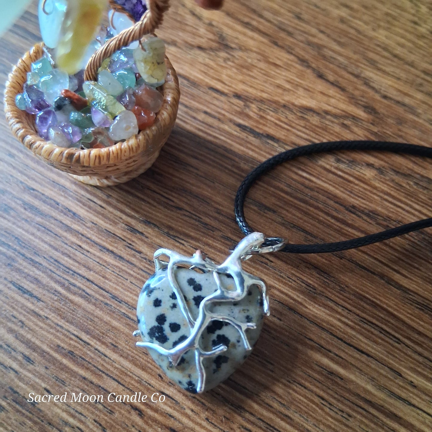 Dalmatian Jasper Tree Branch Wrapped Heart Stone Pendant Necklace