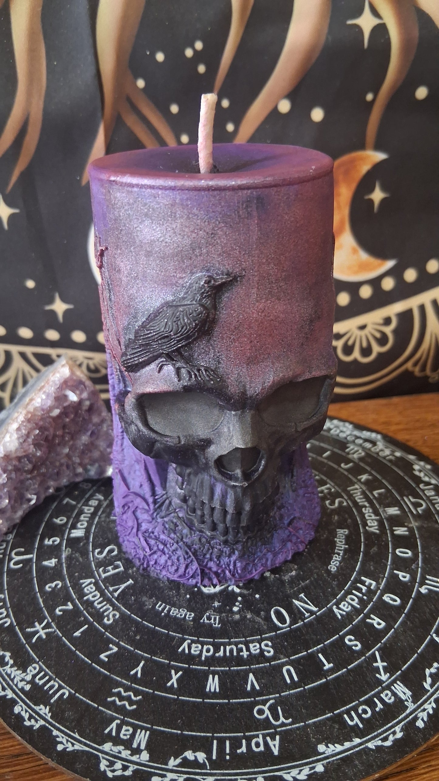 Pink, Purple, and Black Nightshade Elixir Skull and Raven Pillar Candle