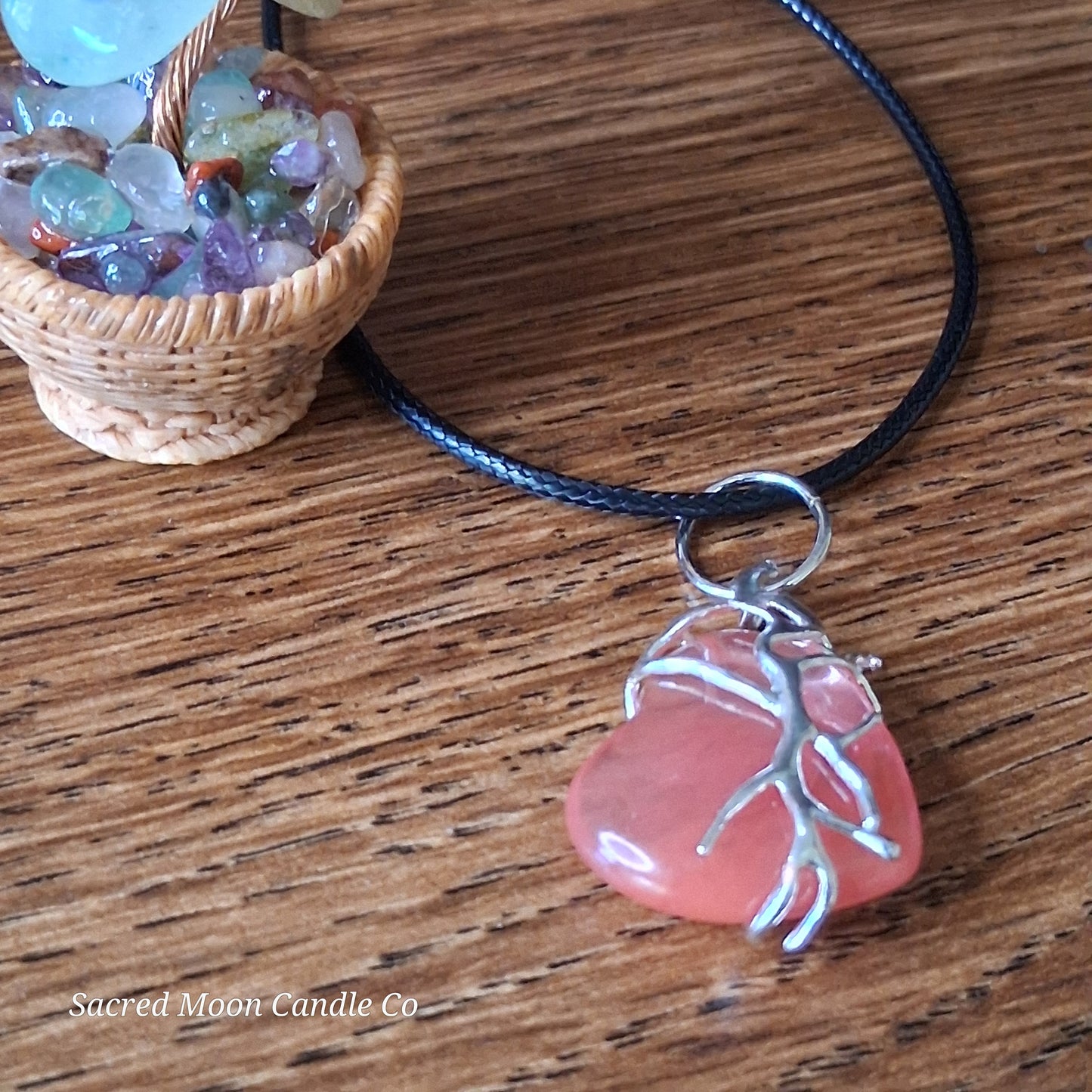 Cherry Quartz Tree Branch Wrapped Heart Stone Pendant Necklace