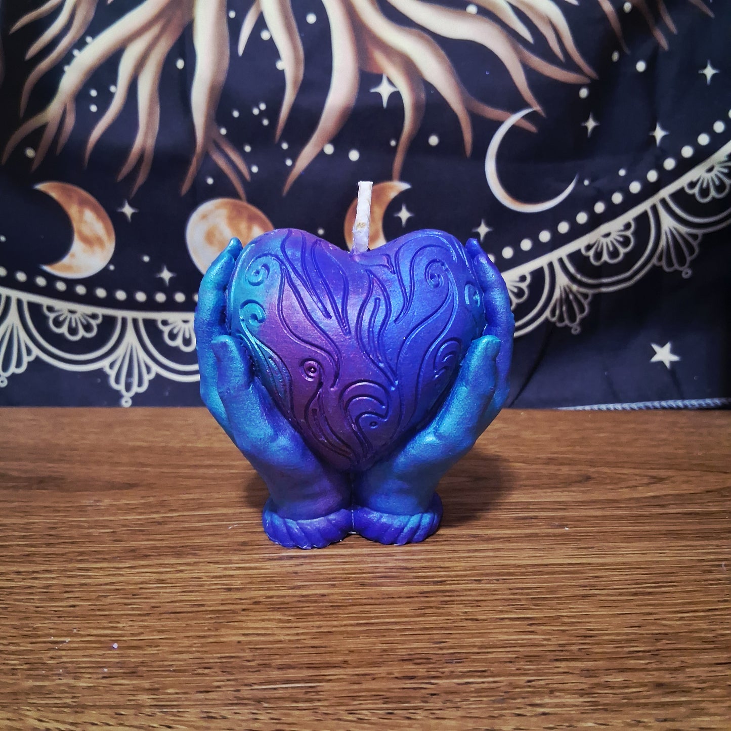 Celestial Embrace Flaming Heart in Hands Candle