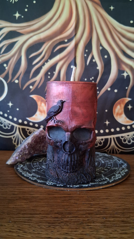Red and Black Nightshade Elixir Skull and Raven Pillar Candle
