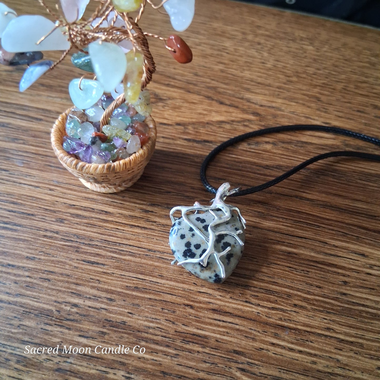 Dalmatian Jasper Tree Branch Wrapped Heart Stone Pendant Necklace