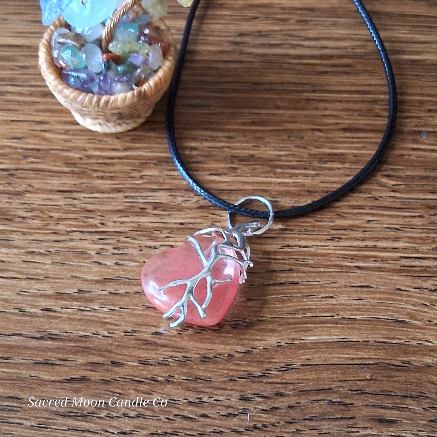Cherry Quartz Tree Branch Wrapped Heart Stone Pendant Necklace