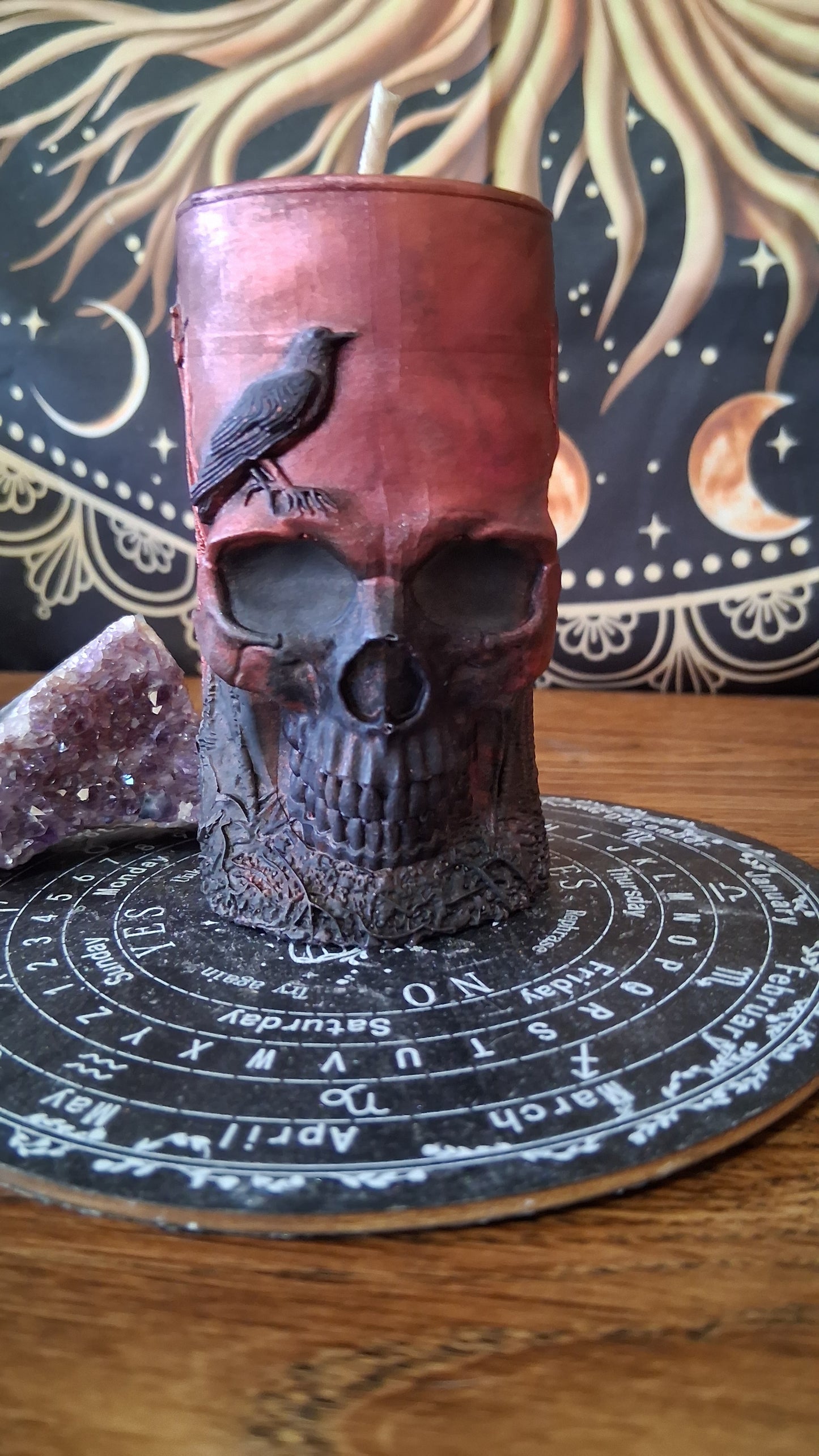 Red and Black Nightshade Elixir Skull and Raven Pillar Candle