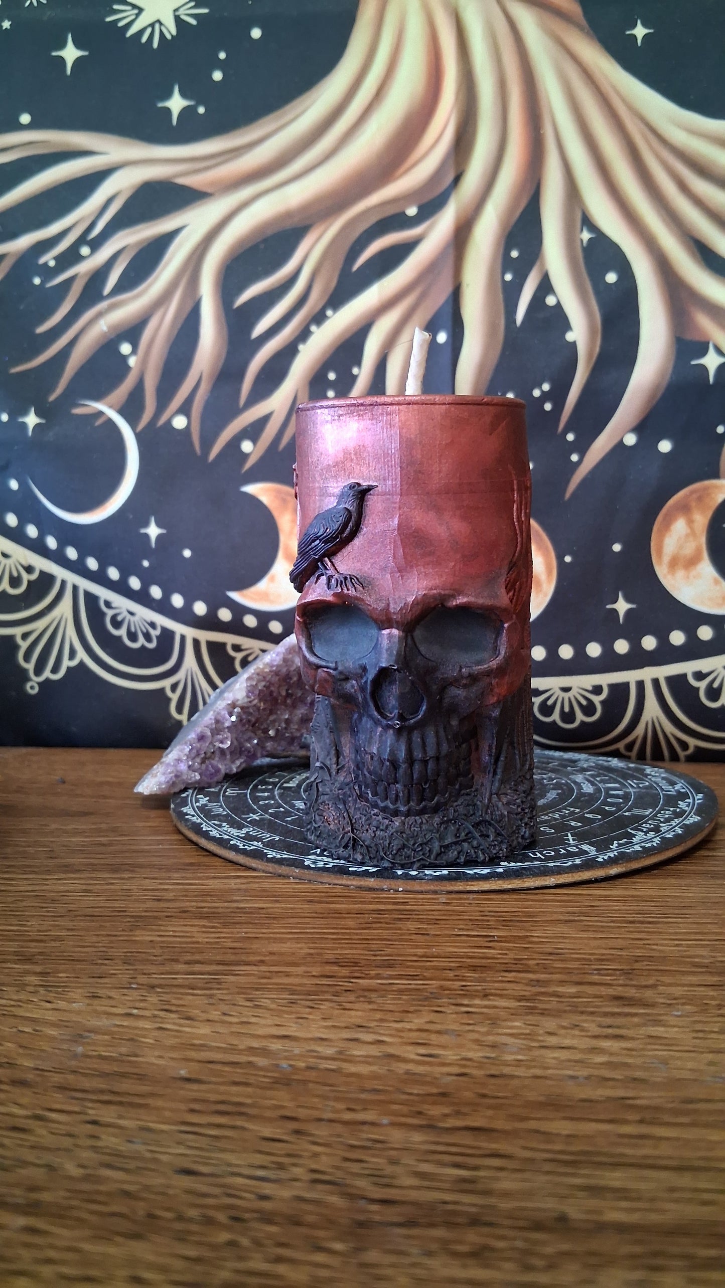 Red and Black Nightshade Elixir Skull and Raven Pillar Candle