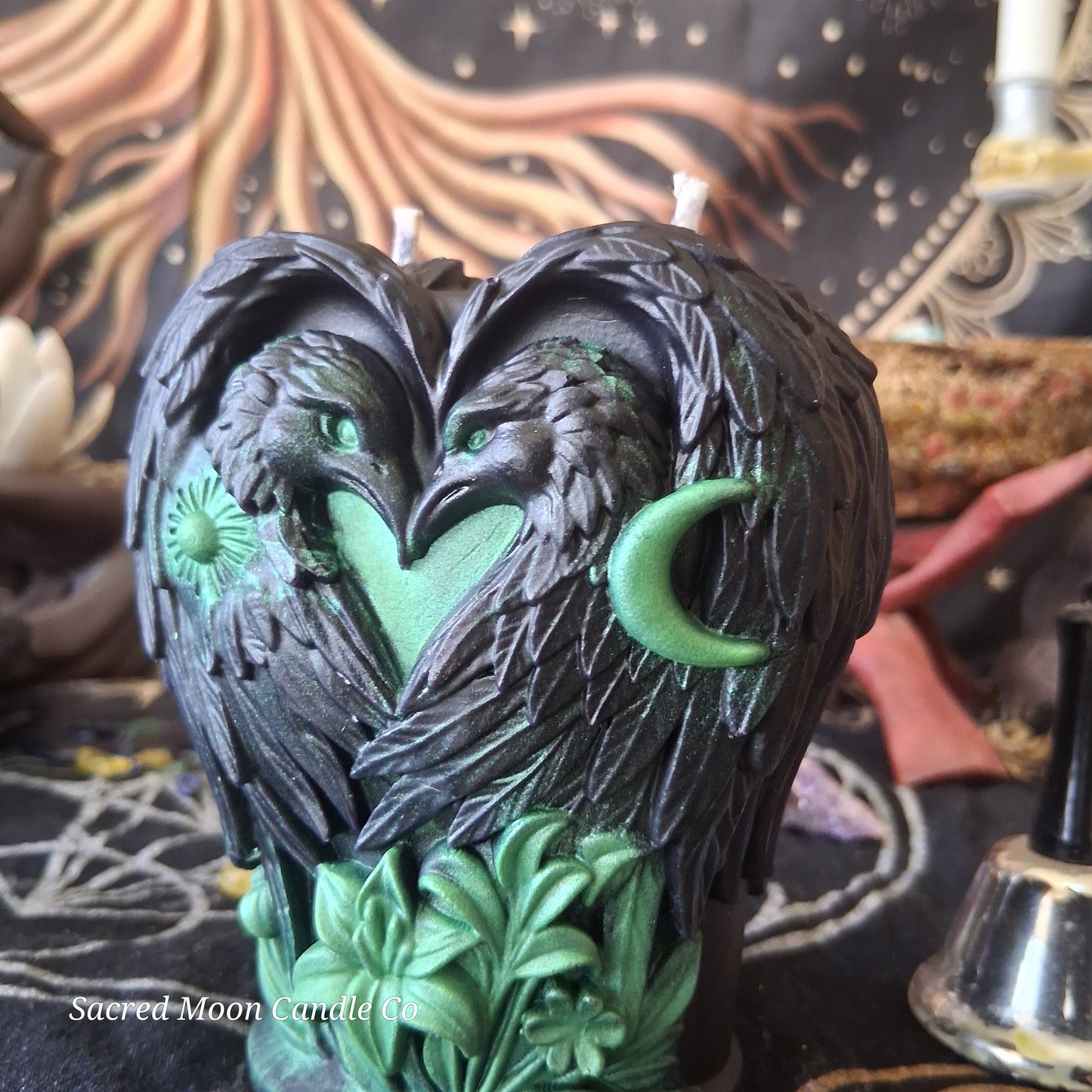 Green and Black Celestial Eagle Couple Pillar Candle