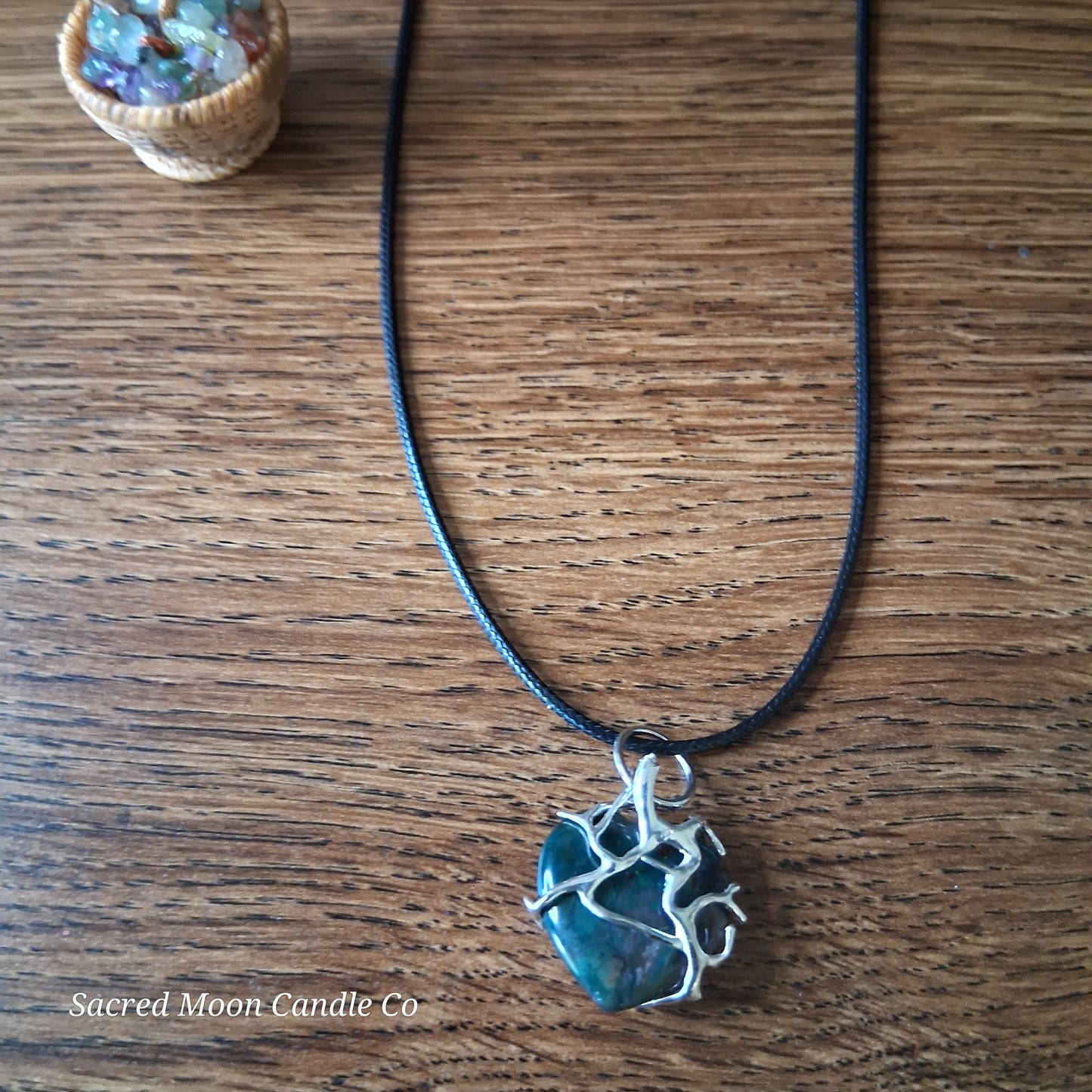 Moss Agate Heart Stone Tree Wrapped Pendant Necklace
