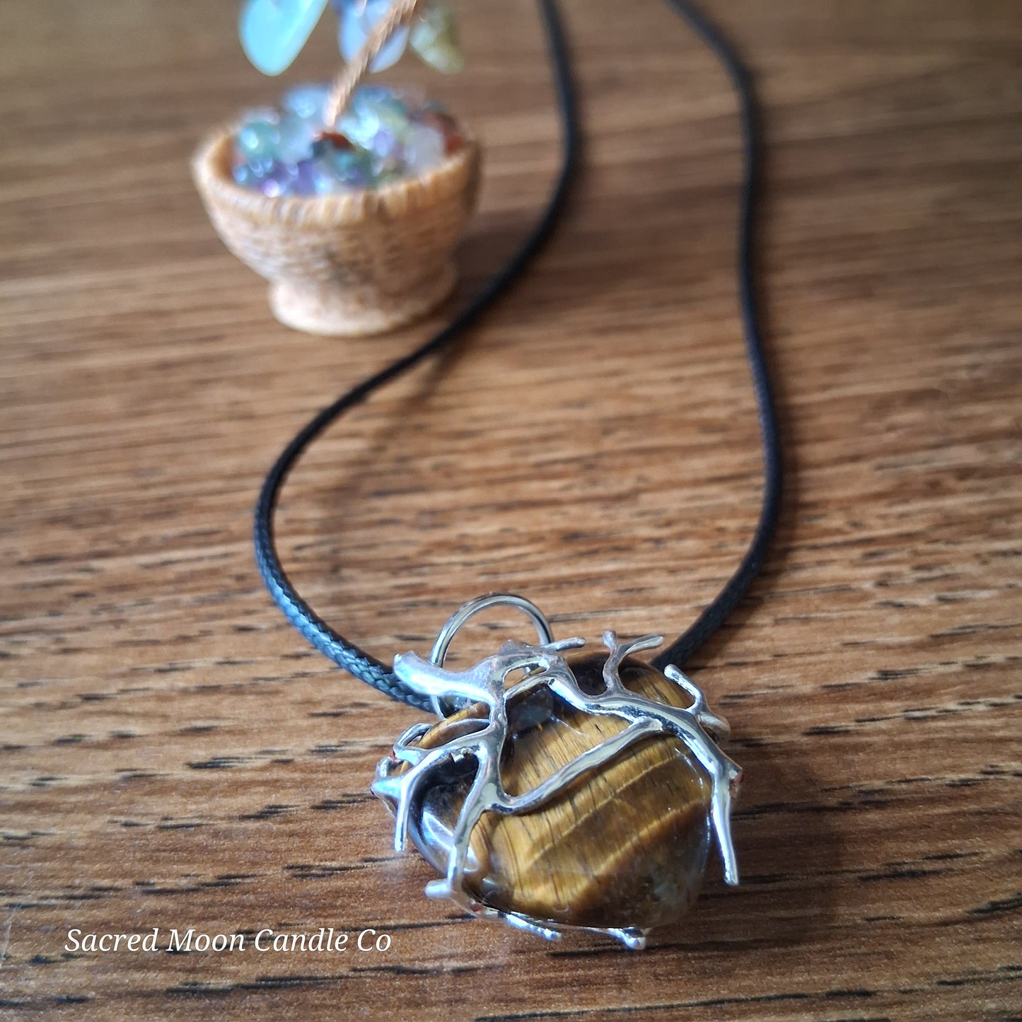 Tigers Eye Tree Branch Wrapped Heart Stone Pendant Necklace