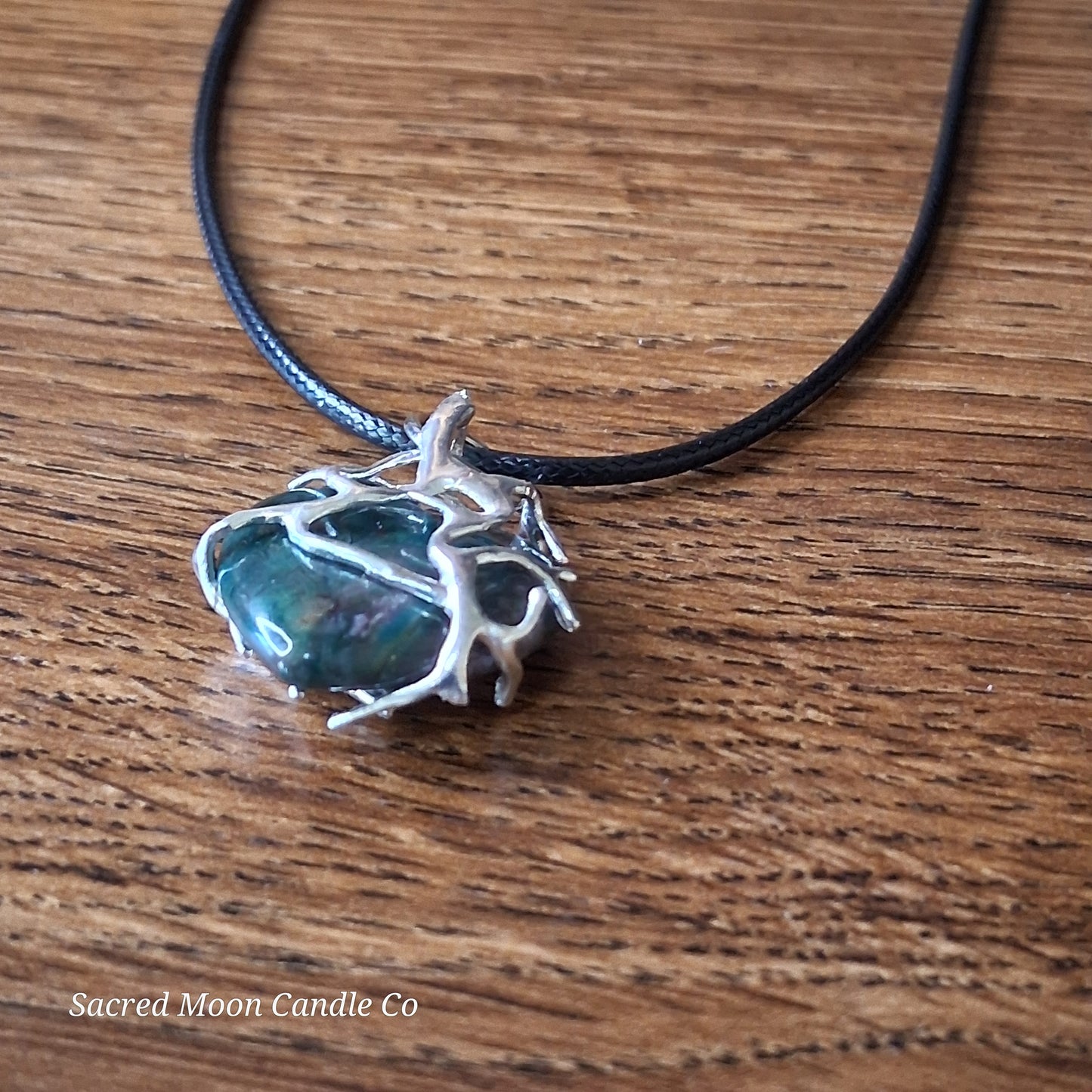 Moss Agate Heart Stone Tree Wrapped Pendant Necklace