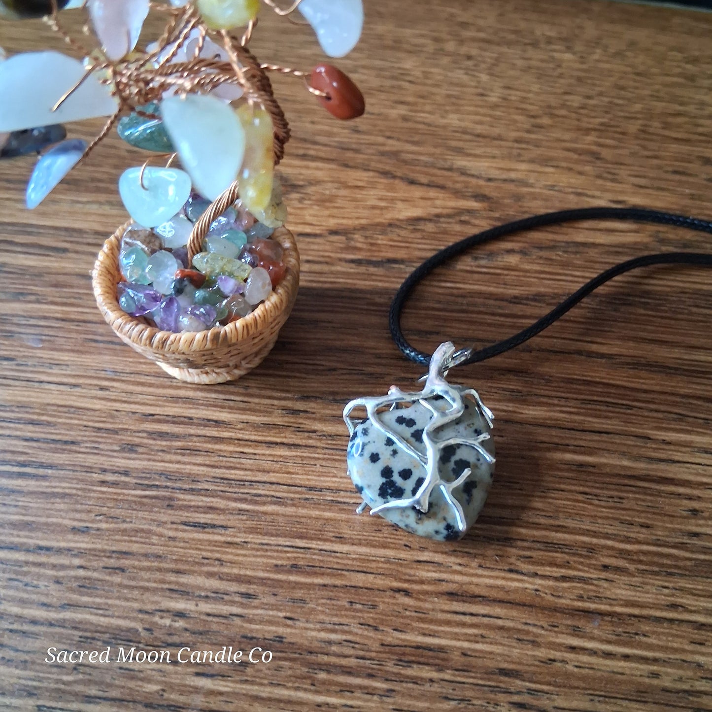 Dalmatian Jasper Tree Branch Wrapped Heart Stone Pendant Necklace