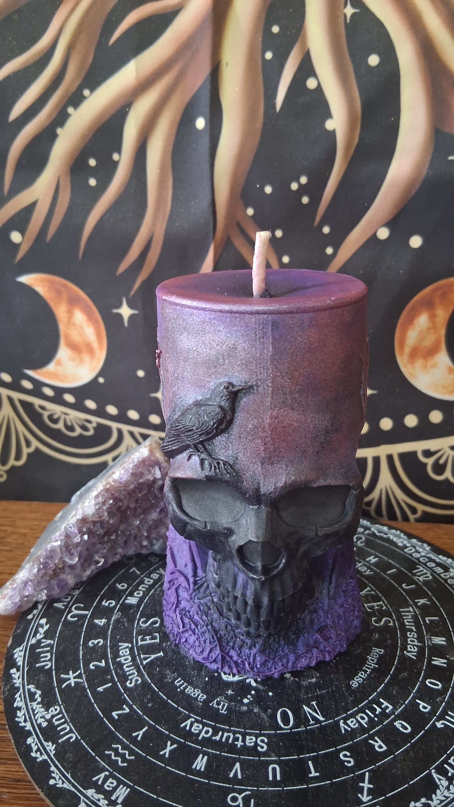 Pink, Purple, and Black Nightshade Elixir Skull and Raven Pillar Candle