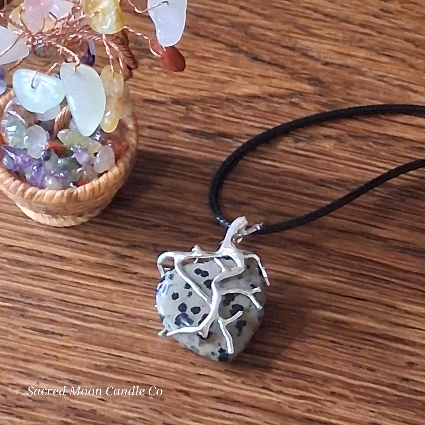 Dalmatian Jasper Tree Branch Wrapped Heart Stone Pendant Necklace