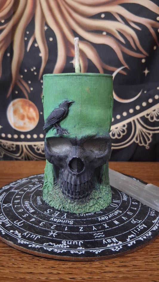 Green and Black Nightshade Elixir Skull and Raven Pillar Candle