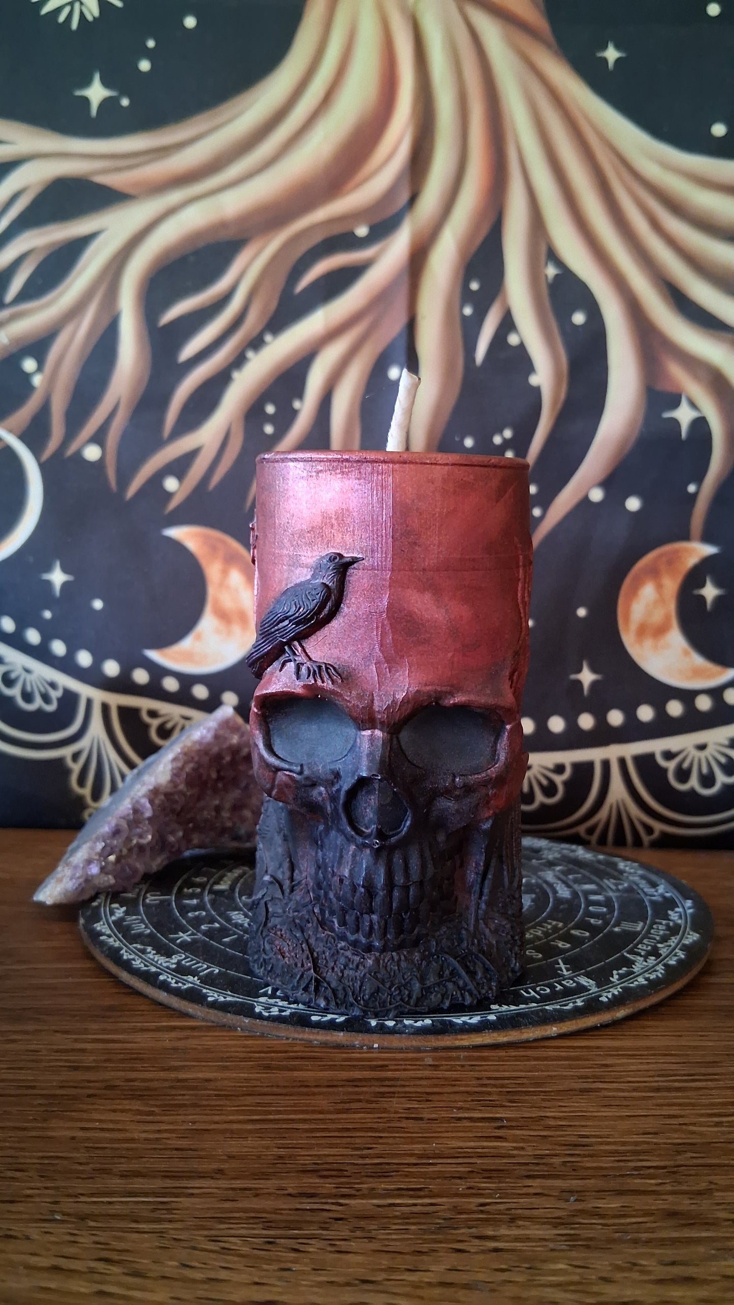 Red and Black Nightshade Elixir Skull and Raven Pillar Candle