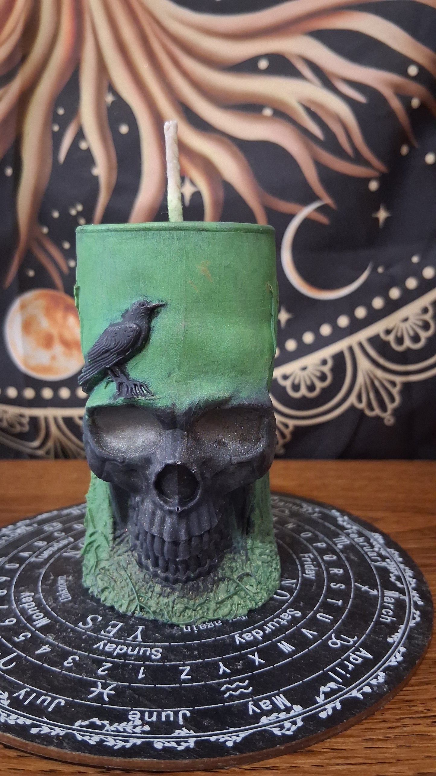 Green and Black Nightshade Elixir Skull and Raven Pillar Candle