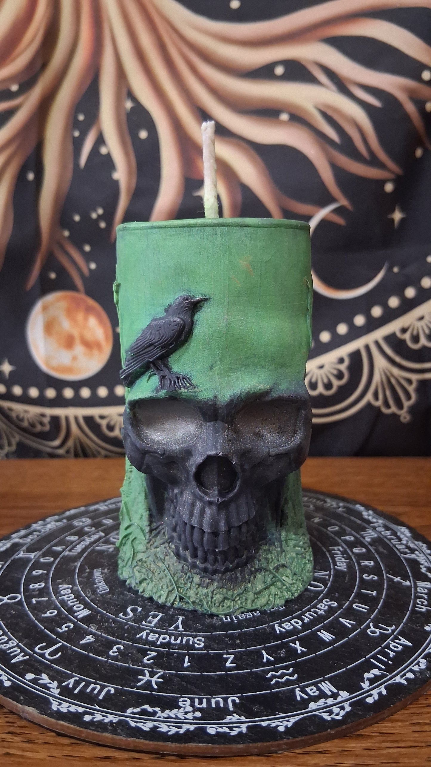 Green and Black Nightshade Elixir Skull and Raven Pillar Candle