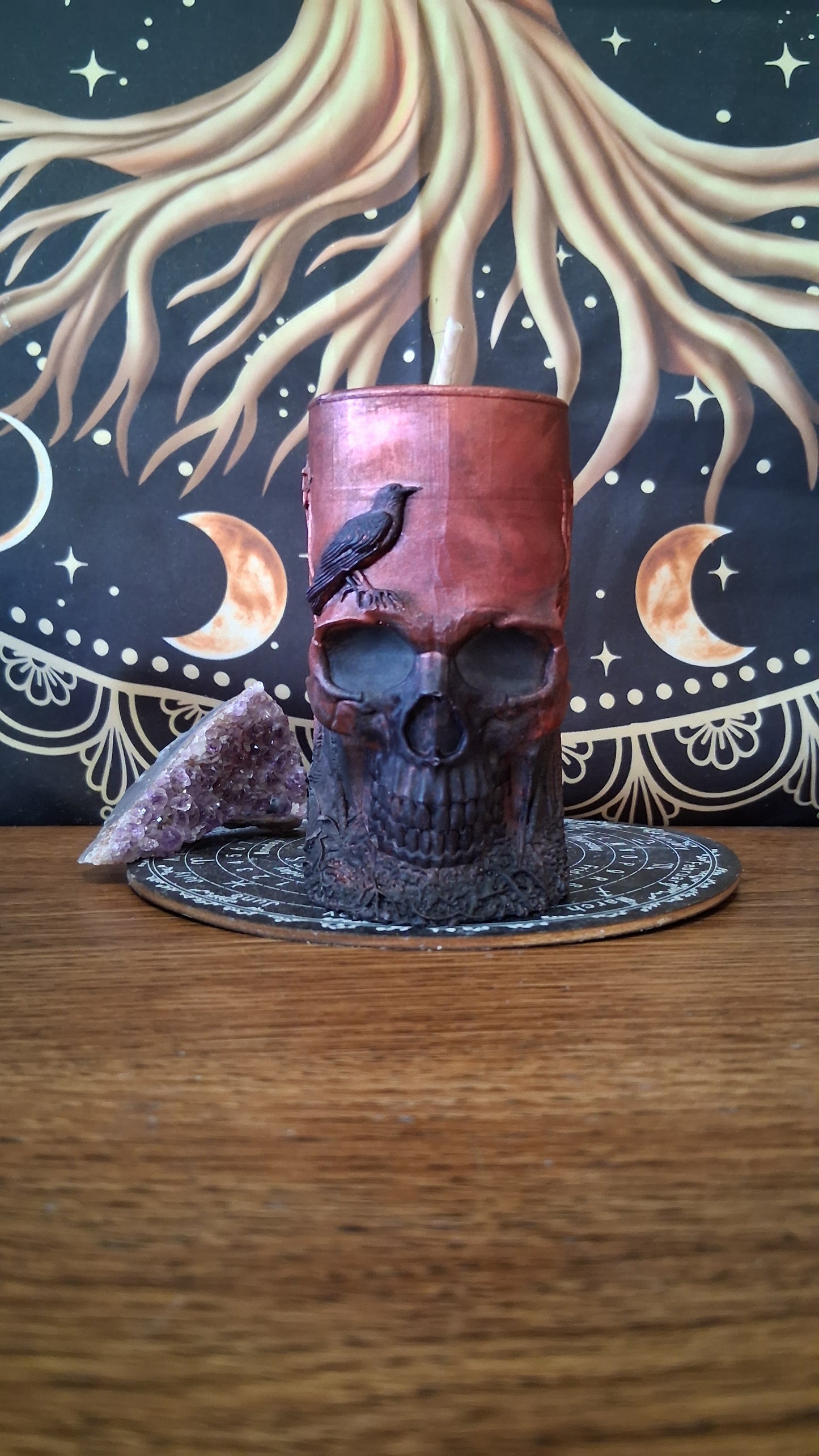 Red and Black Nightshade Elixir Skull and Raven Pillar Candle