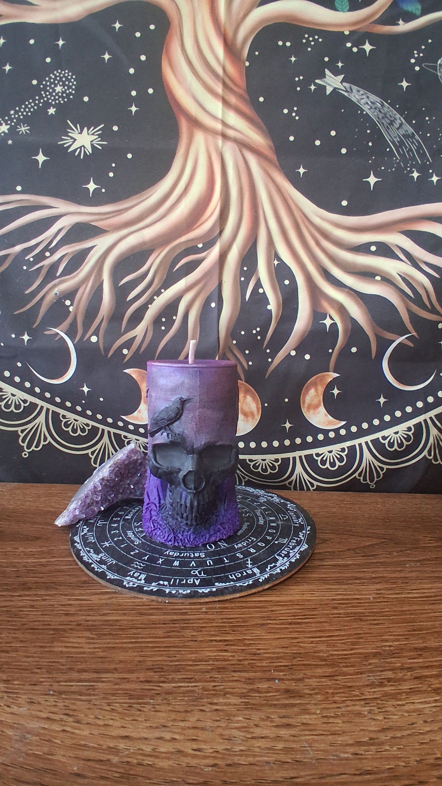 Pink, Purple, and Black Nightshade Elixir Skull and Raven Pillar Candle