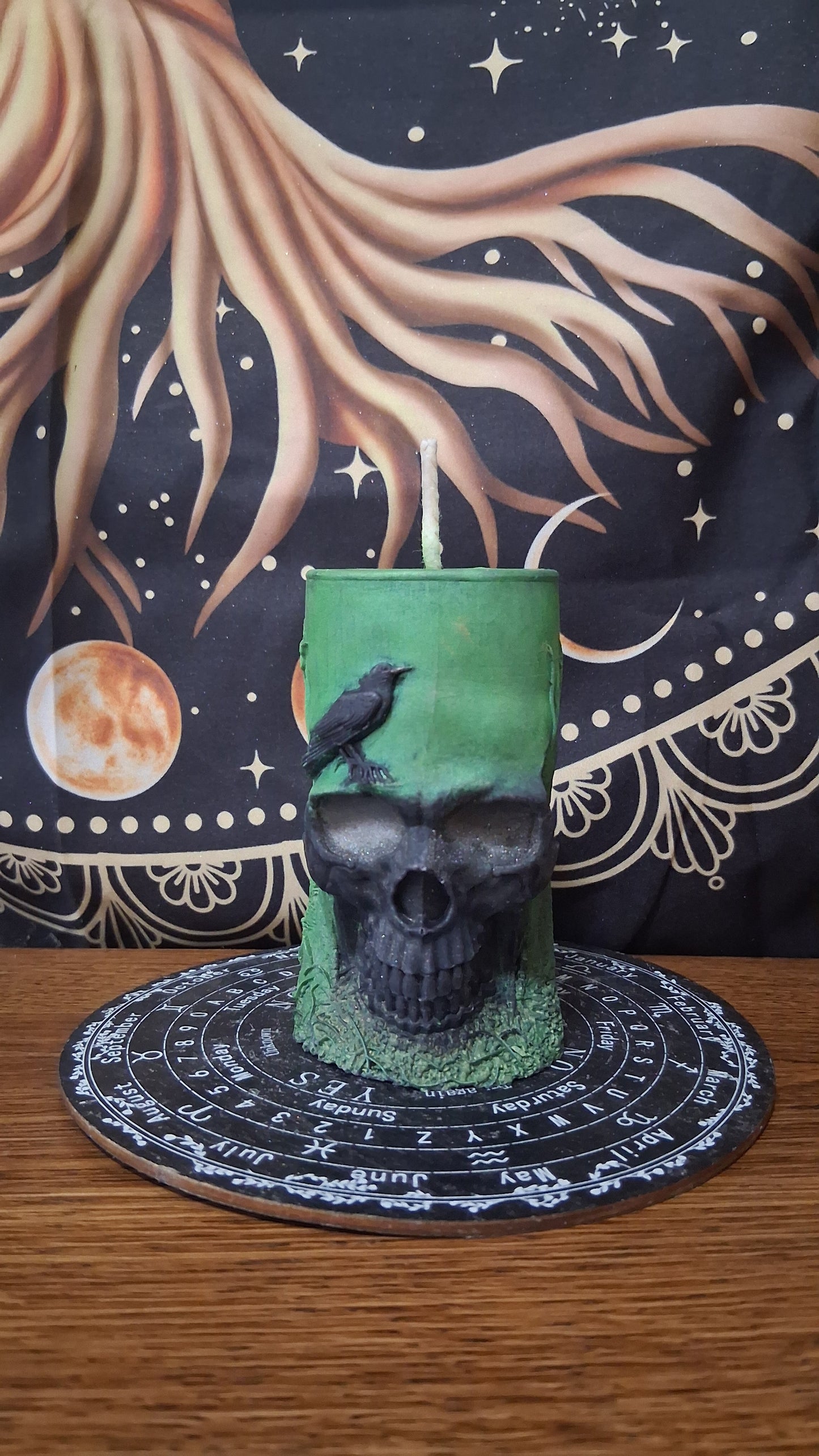 Green and Black Nightshade Elixir Skull and Raven Pillar Candle