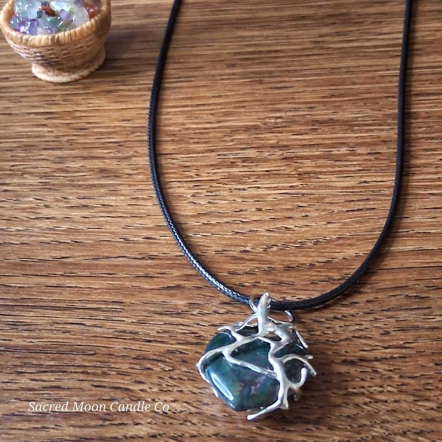 Moss Agate Heart Stone Tree Wrapped Pendant Necklace