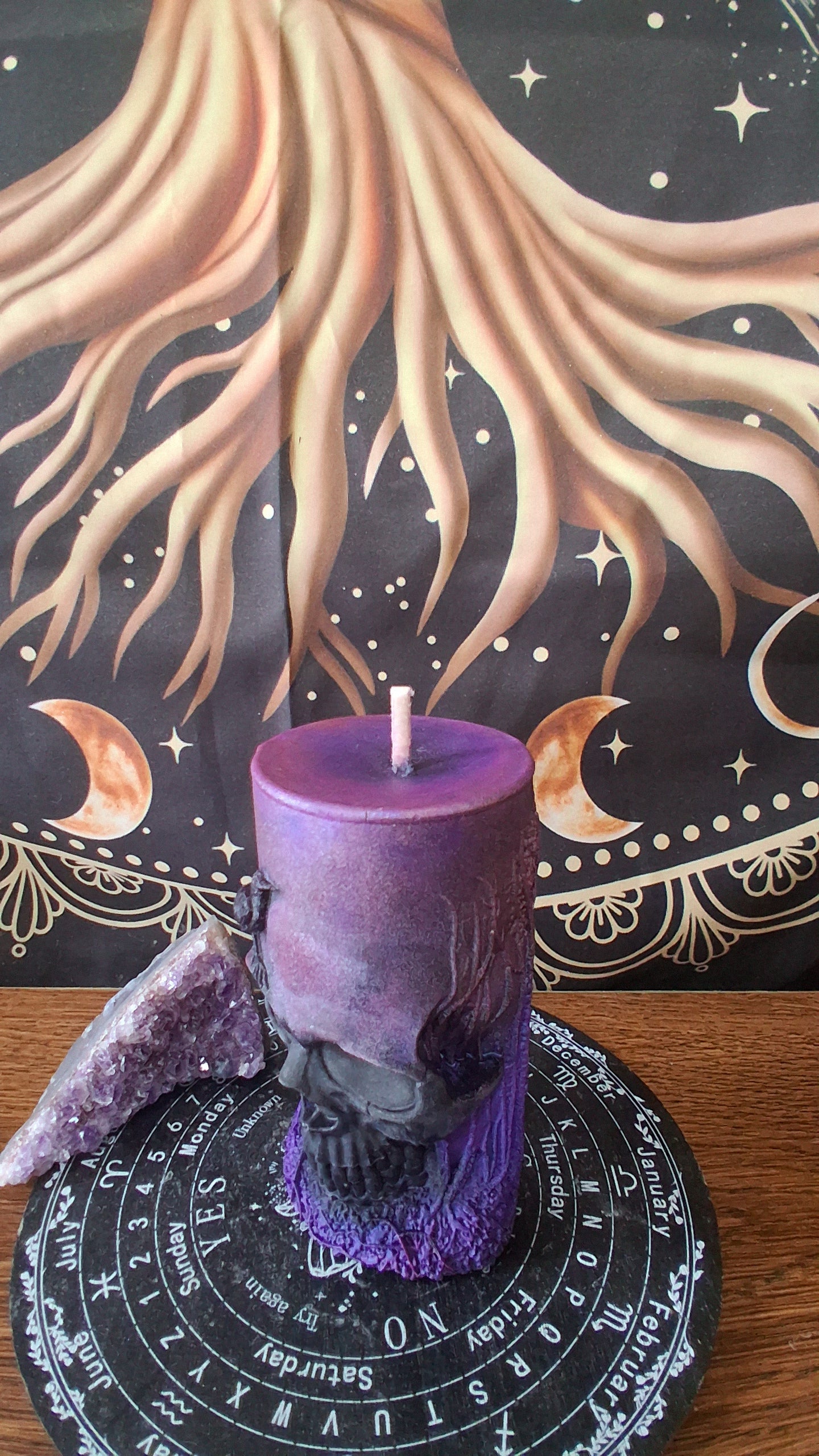 Pink, Purple, and Black Nightshade Elixir Skull and Raven Pillar Candle