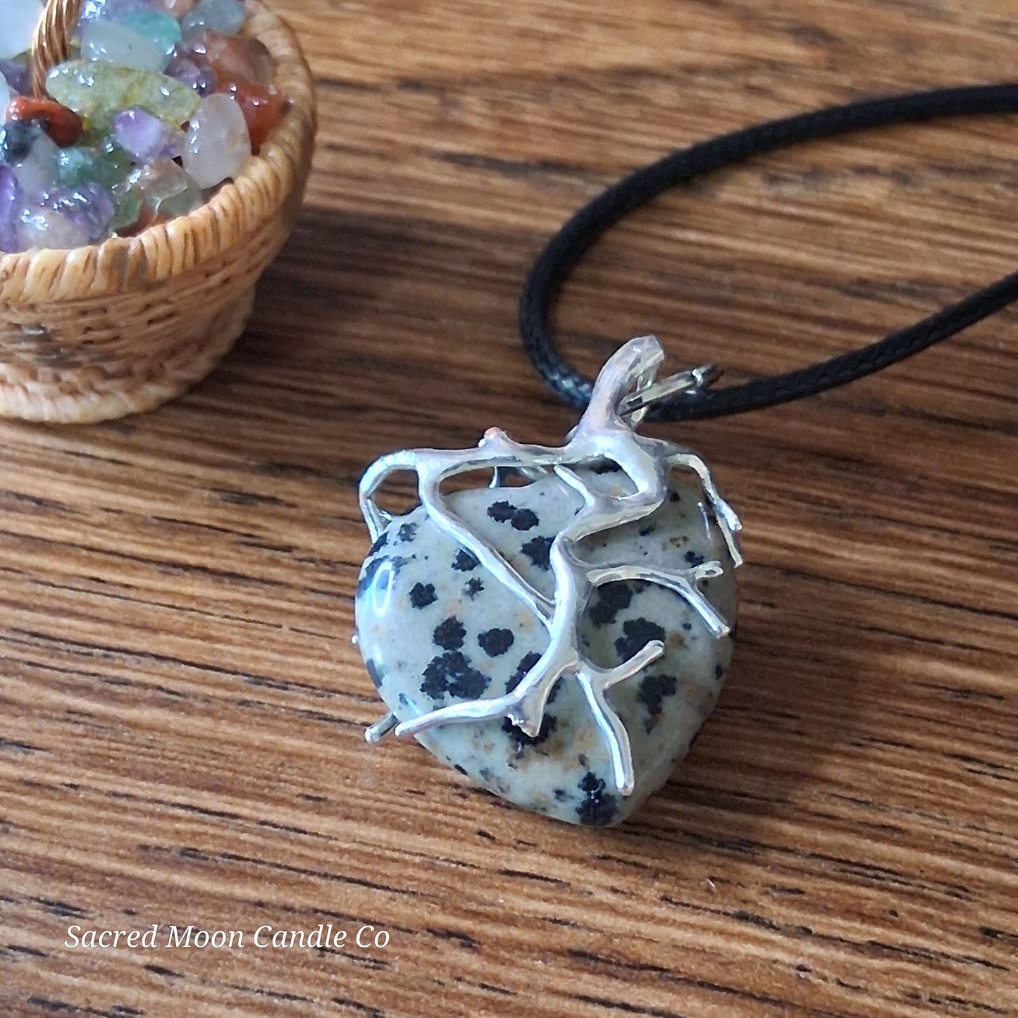 Dalmatian Jasper Tree Branch Wrapped Heart Stone Pendant Necklace