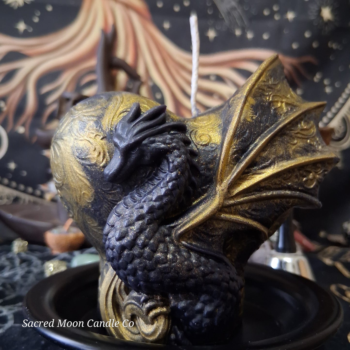 Black and Gold Mystical Dragon Heart Pillar Candle