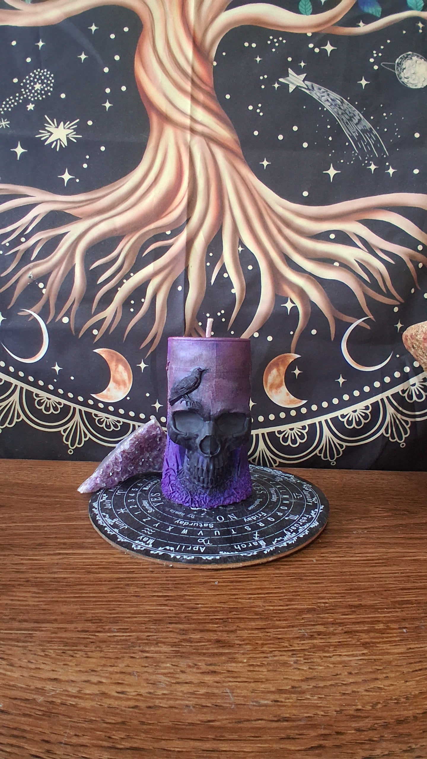 Pink, Purple, and Black Nightshade Elixir Skull and Raven Pillar Candle