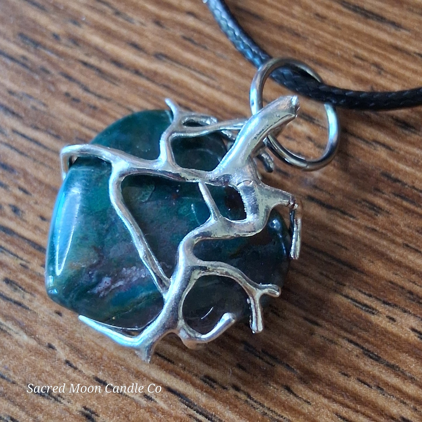 Moss Agate Heart Stone Tree Wrapped Pendant Necklace